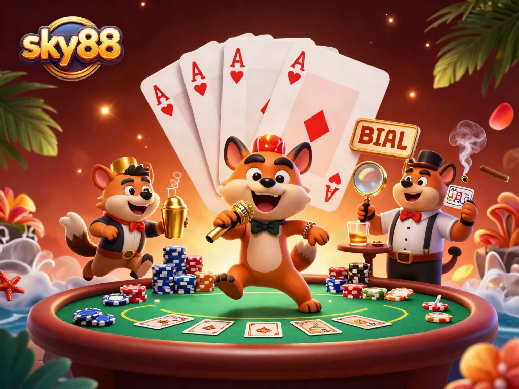 Experience thrilling games at sky88 Casino with lively hyenas in a vibrant casino club scene.