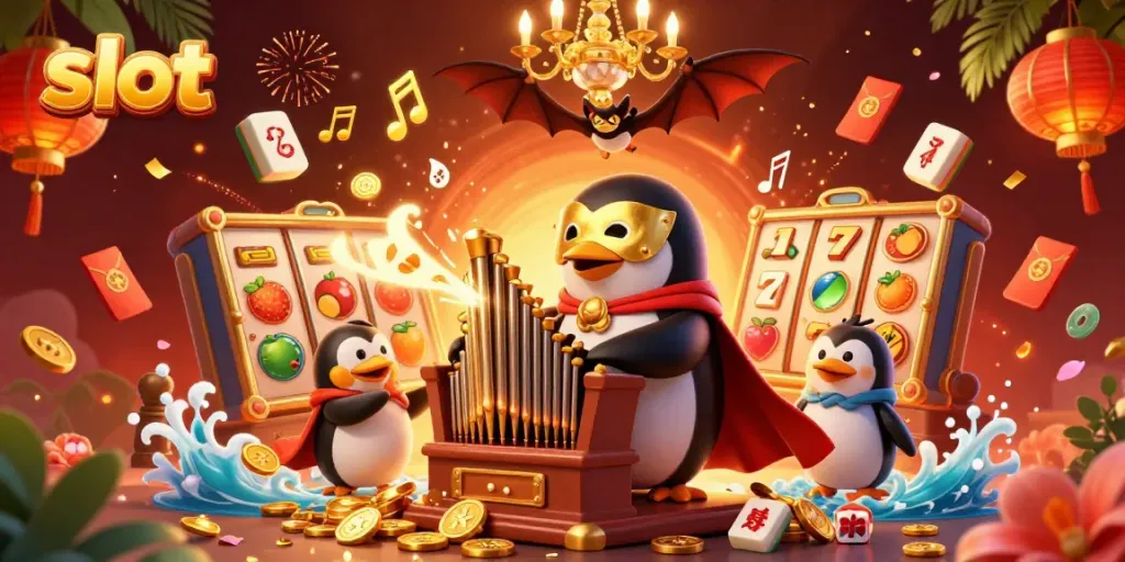 Engaging scene of a slot-themed 3D illustration showcasing spinning slot reels and a penguin organist.