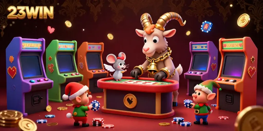 Experience the thrill of 23WIN as festive Krampus and tiny angel mouse run a vibrant holiday casino.