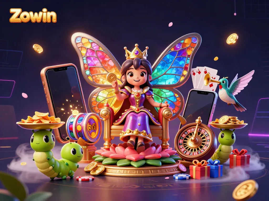 Zowin gaming scene featuring a vibrant butterfly queen and slot machines in a magical casino.