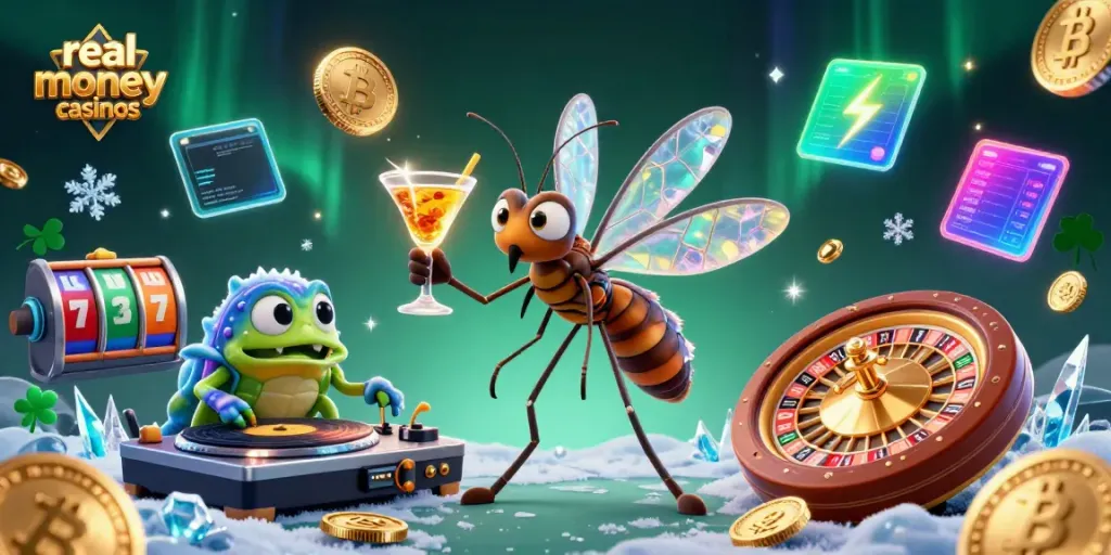 Engage in thrilling real money casinos with a vibrant cartoon scene featuring iconic characters and rich gaming elements.