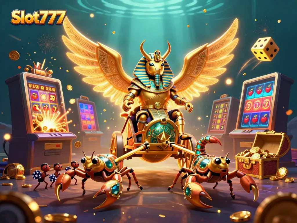 Players engage with Slot777 in a vibrant scene filled with dynamic casino elements and symbols.