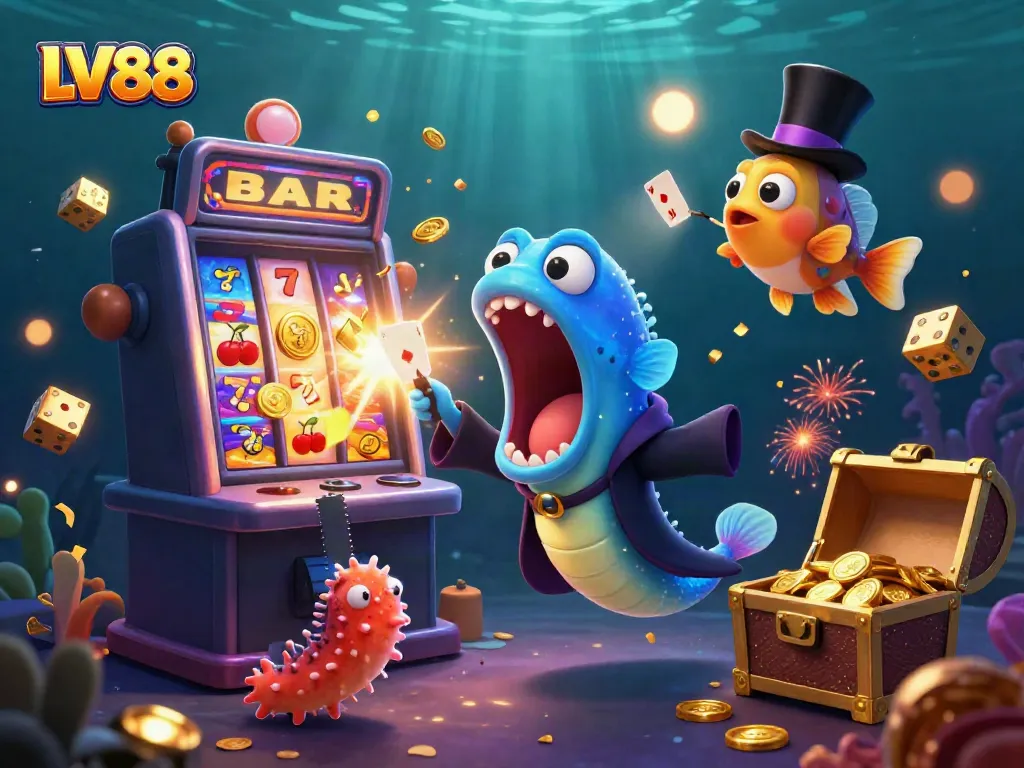 Experience the excitement of LV88 with playful marine creatures performing winning card tricks amidst vibrant casino elements.