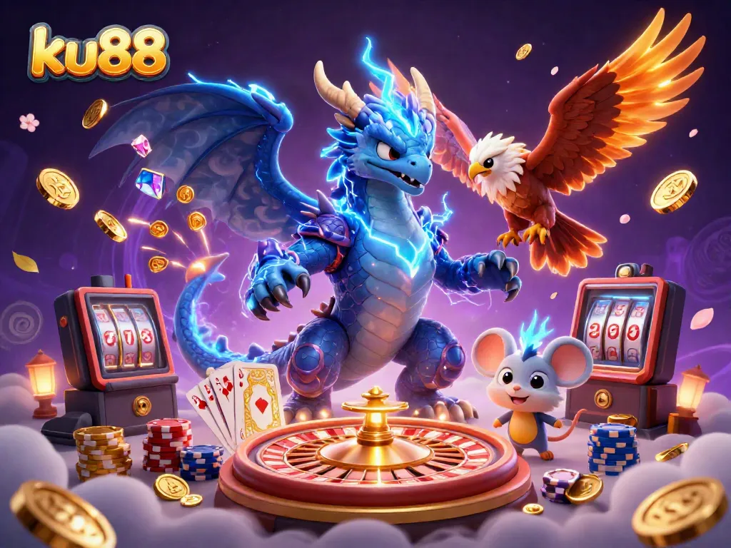 Experience thrilling action with KU88's vibrant casino gaming elements in an electrifying illustration.