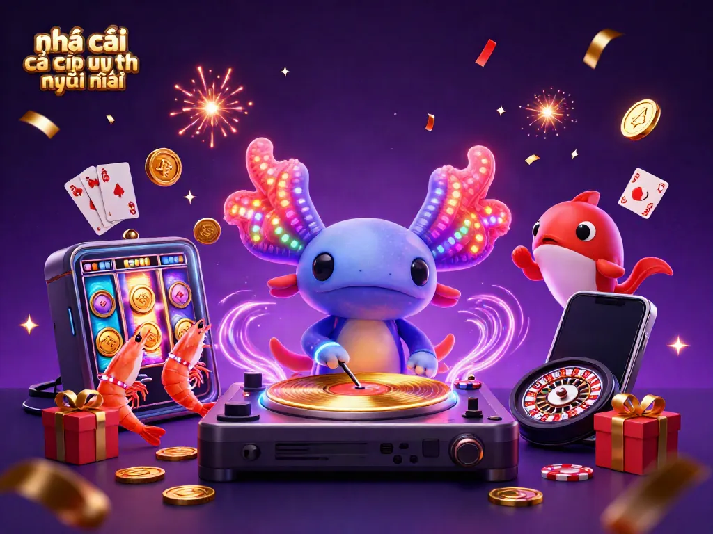 Engaging scene of a neon axolotl DJ spinning records, showcasing nhà cái cá cược uy tín mới nhất with vibrant casino elements.