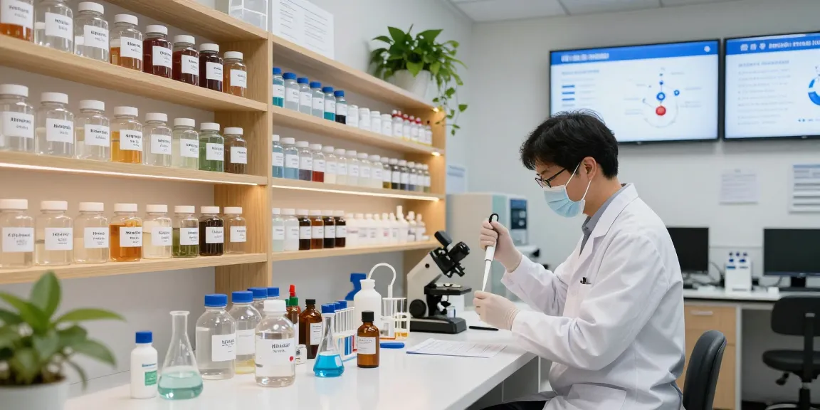 Nitroethane for sale displayed in a clean research lab featuring jars and laboratory tools.