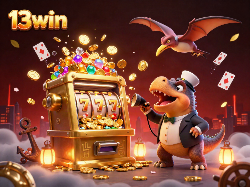 Win big with 13win as a dinosaur wins jackpot coins from a golden slot machine in a vibrant casino.