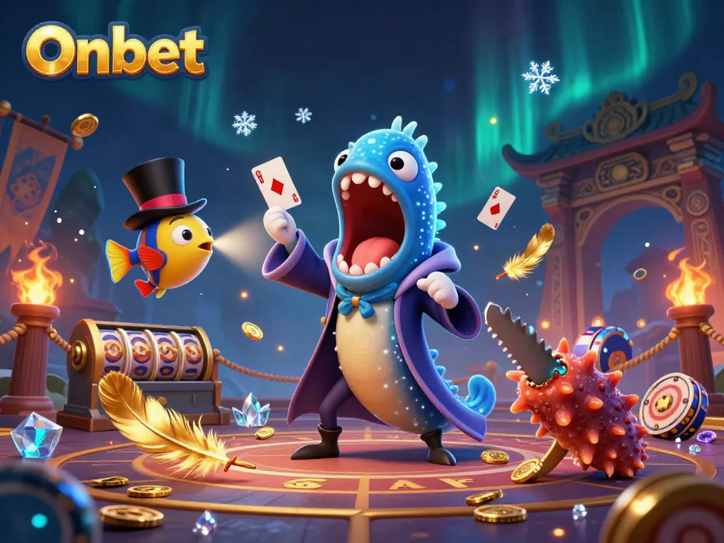 Experience the thrill of Onbet with a vibrant 3D illustration of underwater casino games.
