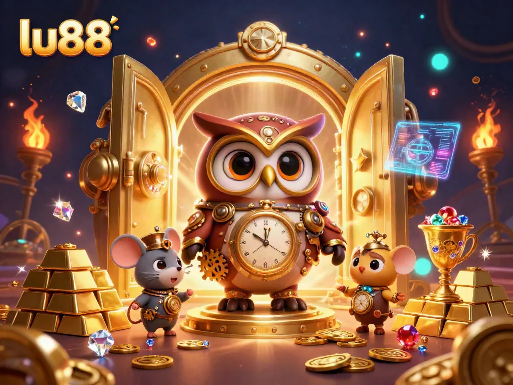 Experience thrilling wins at lu88 with a steampunk owl and treasures in a vivid casino scene.