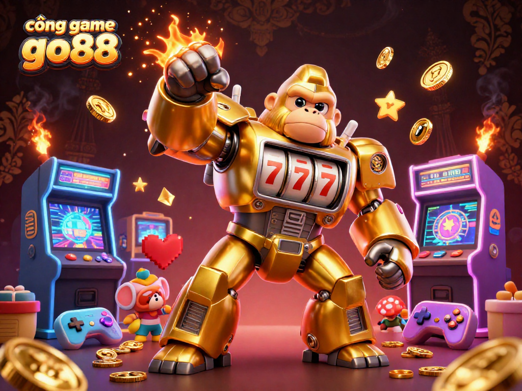 Engage with cổng game go88's dynamic 3D casino illustration featuring a golden gorilla mech amidst vibrant gaming elements.