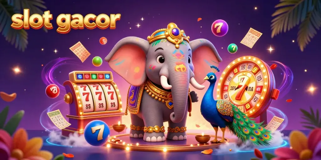 Experience the thrill of slot gacor with a colorful casino scene featuring a festive elephant, peacock, and dynamic gambling elements.