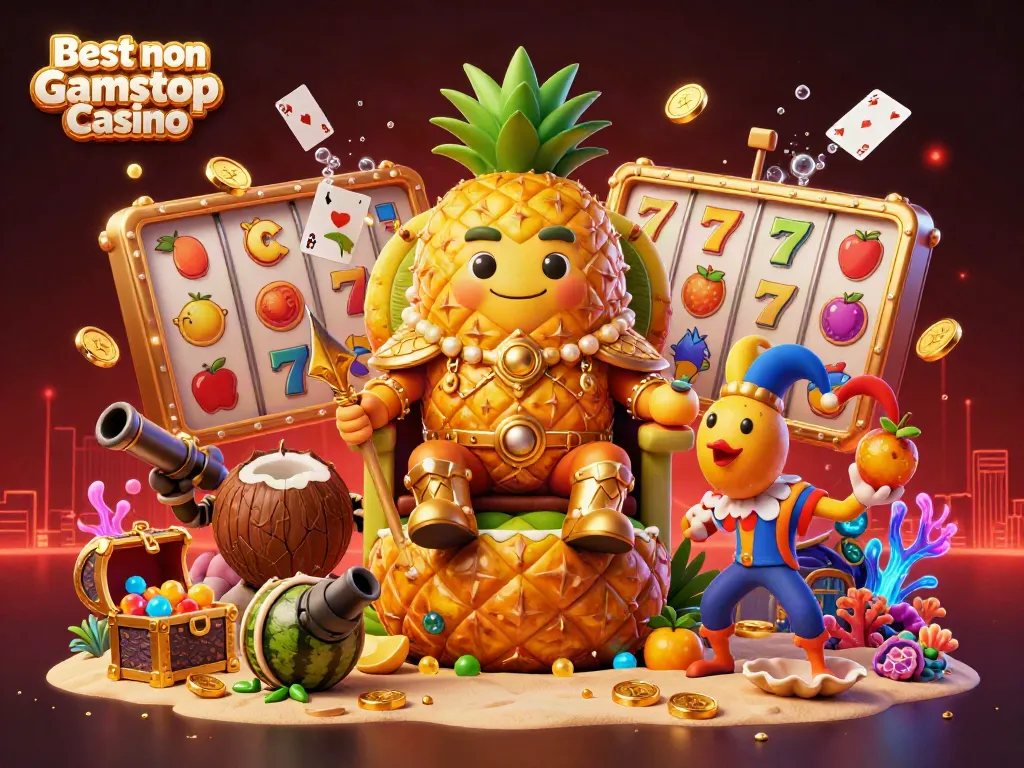 Experience the vibrant energy of the Best non Gamstop Casino with a golden pineapple king and dynamic characters.
