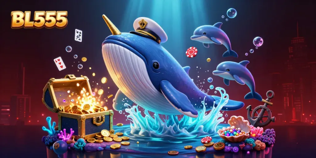 Engage with the thrilling world of BL555, featuring a playful whale, a golden narwhal, and poker dolphins in a vibrant casino setting.
