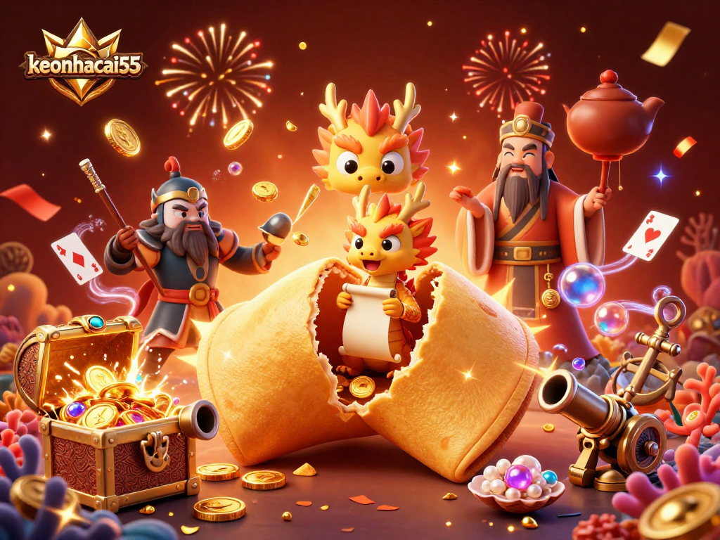 Experience the excitement of keonhacai55 with a vibrant 3D casino scene filled with fortune cookies and gold.