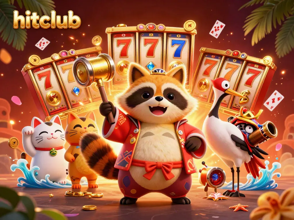 Experience a vibrant hitclub scene with a cheerful tanuki, lucky charms, and dynamic casino elements.