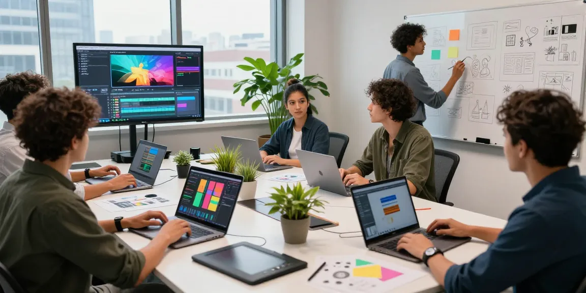 Creative team collaborating in a tech workspace using an AI video generator to produce engaging content.