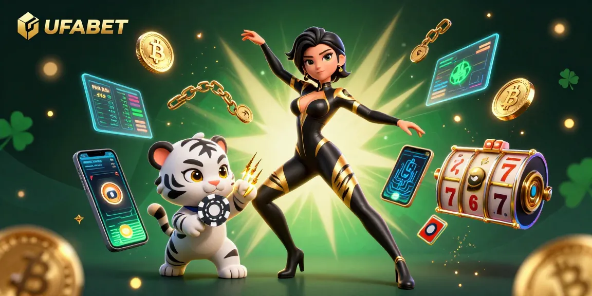 Experience thrilling gameplay at UFABET with a stunning illustration of an acrobatic woman and a playful tiger amidst slot reels and cryptocurrency.