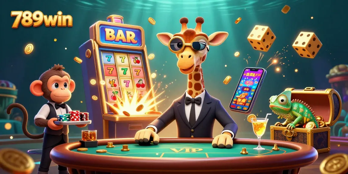 Engage with 789win at a vibrant casino scene featuring a high-roller giraffe and game elements.