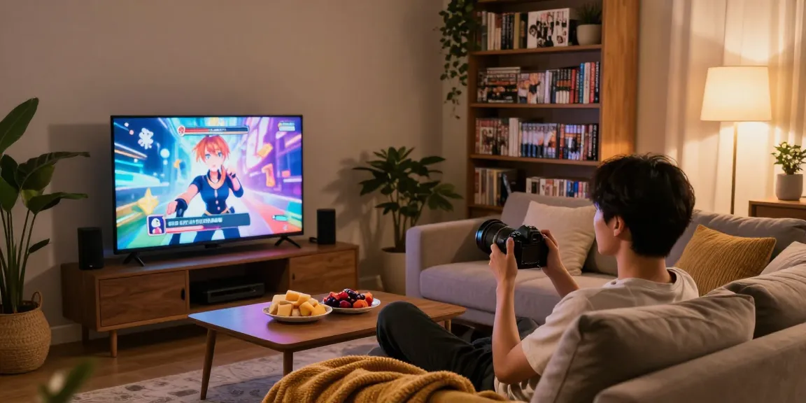 Engaging in a hentai game in a cozy living room with snacks and ambient lighting.