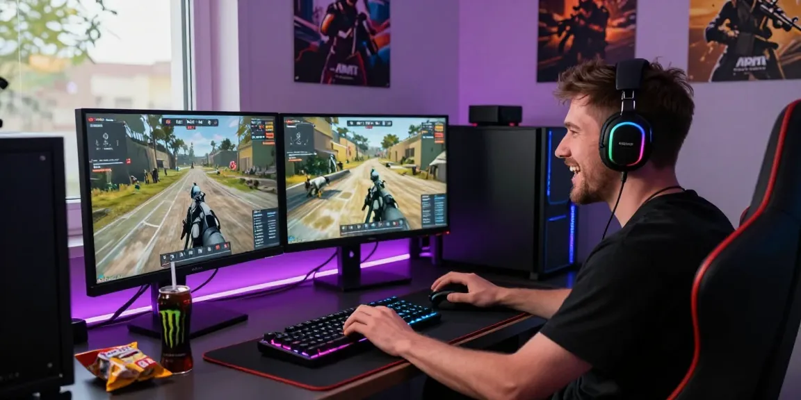 ArmA 3 Hacks gaming setup with dual monitors and enthusiastic player