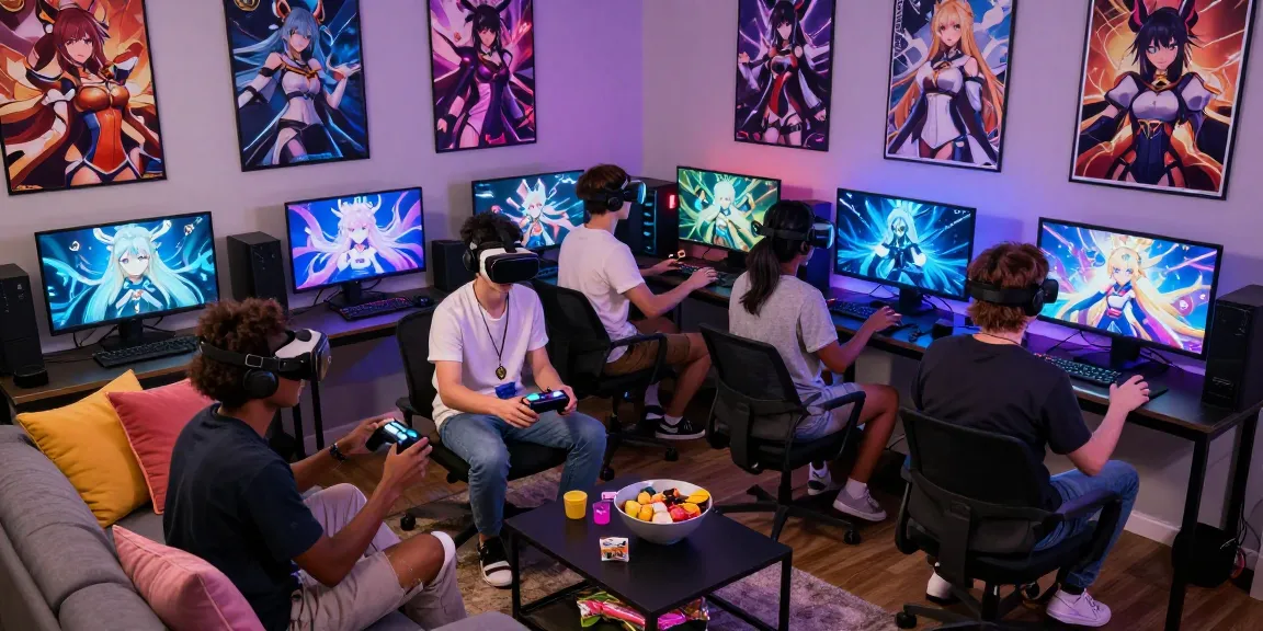 Diverse gamers interacting in an exhilarating ecchi game session with vibrant decor and modern tech.