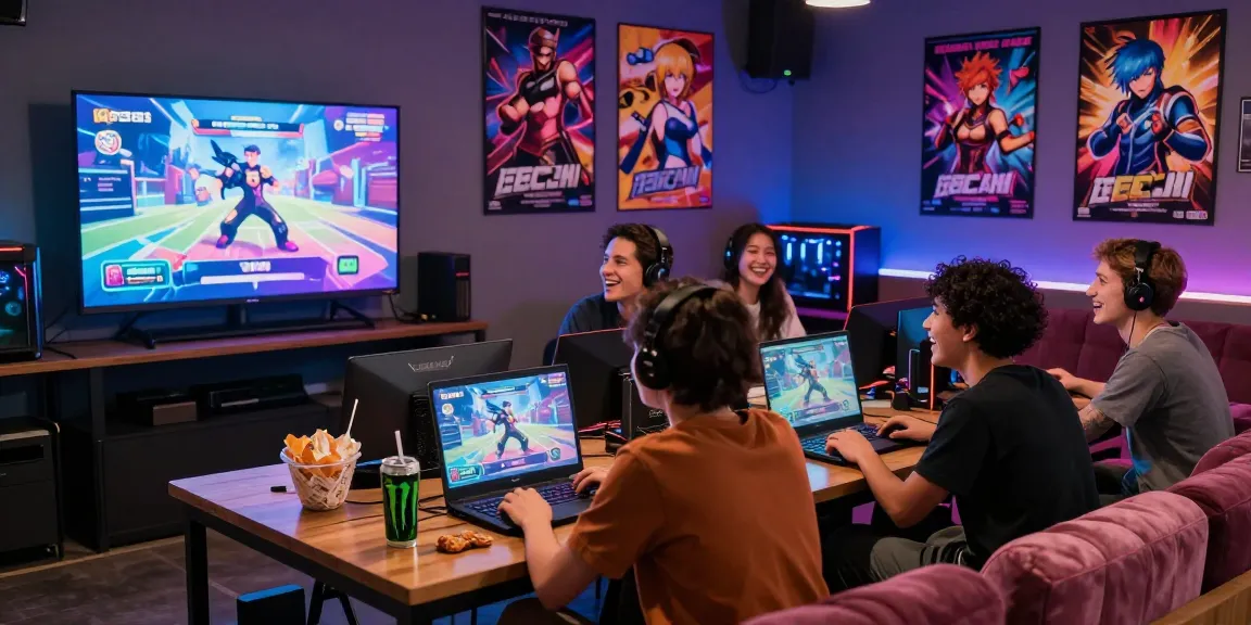 Engaging scene of friends enjoying ecchi games in a cozy lounge with vibrant decor and snacks.