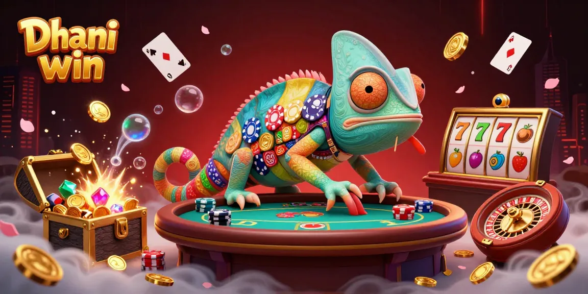 Dhani win powers up players with thrilling slot games amidst vibrant chameleon magic and festive decor.