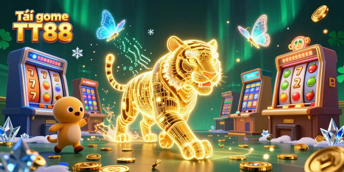 Tải game TT88 and explore a vibrant casino landscape featuring a golden tiger and slot machines.