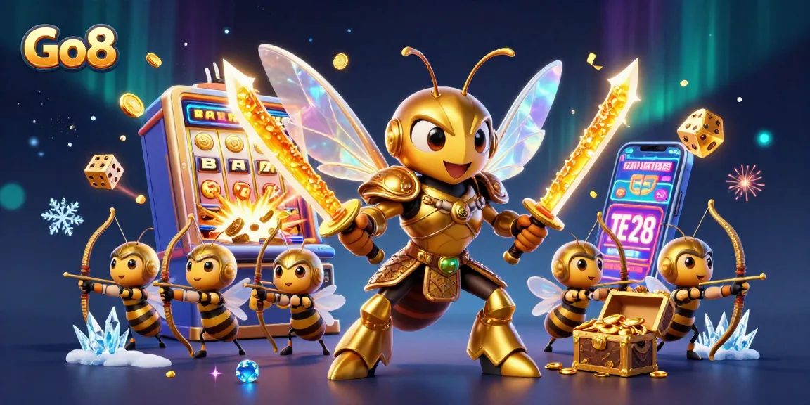 Engage with Go8's vibrant casino action featuring a golden hornet samurai amidst a jackpot explosion.