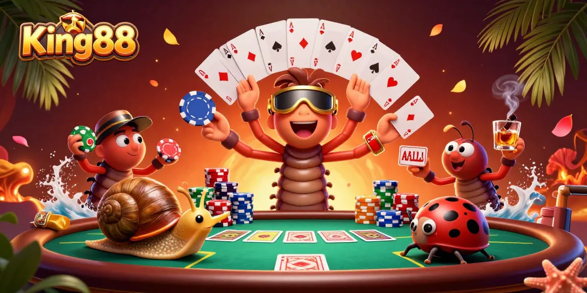 Experience excitement at King88 with a vibrant casino scene featuring animated characters thrillingly engaging in poker.