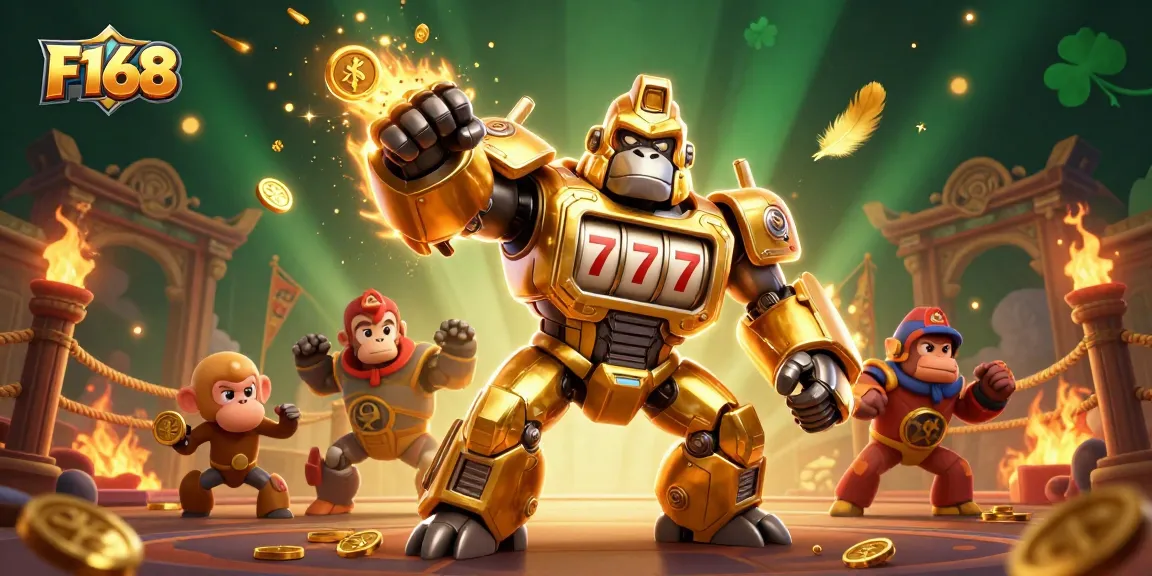 F168 gamers enjoy thrilling slot action with a golden gorilla mech and unique Asian symbols.